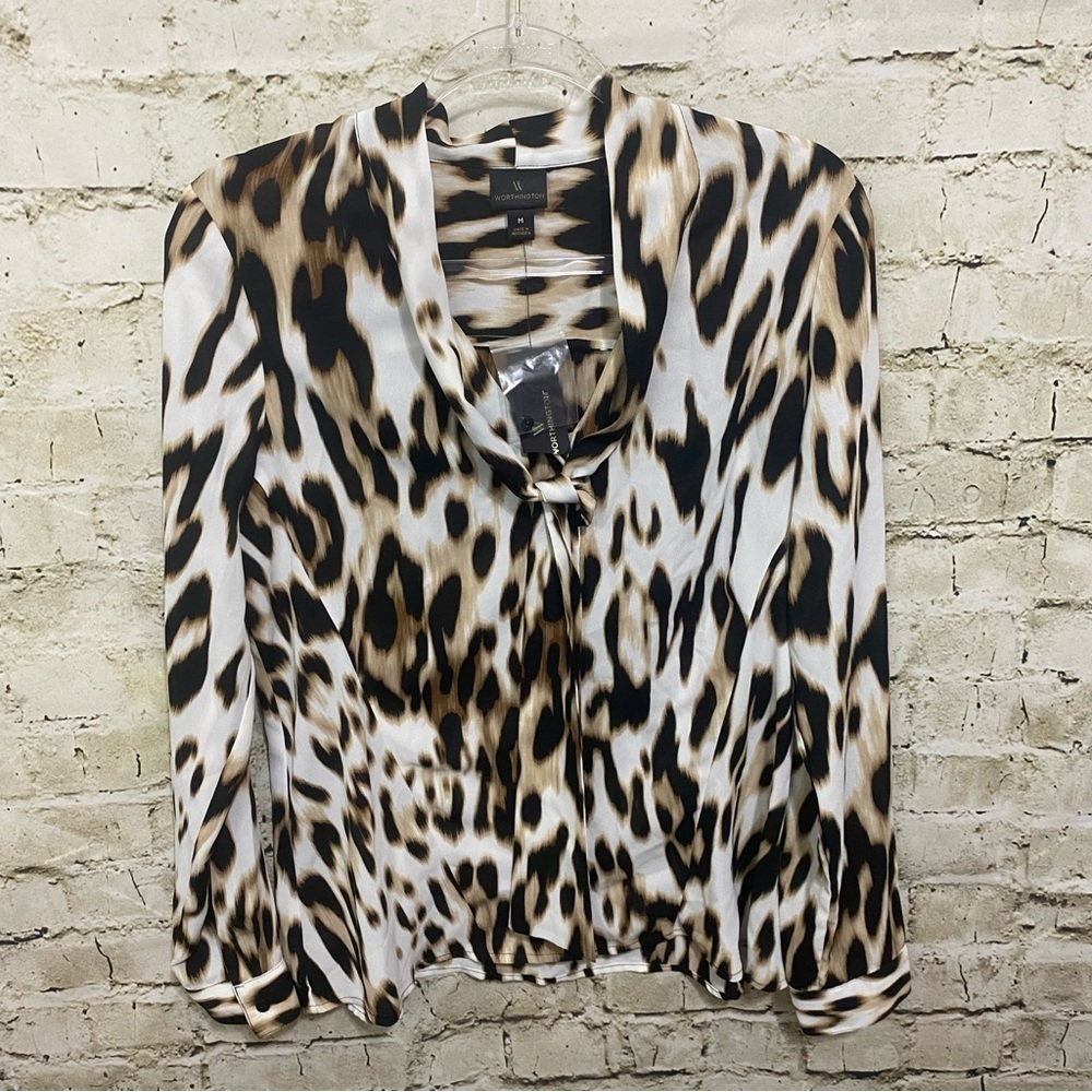 NWT Worthington Brown Black Animal Print V Neck Tie Neck Button Up Top